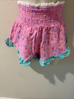 Beach Bunny Pink Floral Eyelet Shorts with Aqua Ruffle Trim